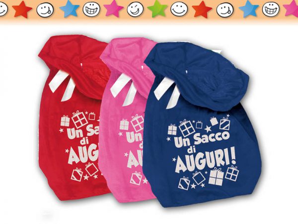 SACCO VUOTO IN VELLUTO cm 34 CON SCRITTA RICAMATA PER CONFEZIONE REGALO. . . ORDINE MINIMO 6 PZ. ASSORTITI