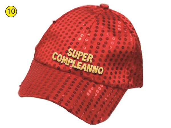 CAPPELLINO BUON COMPLEANNO CON PAILETTES E APPLICAZIONE GLITTER. . . ORDINE MINIMO 3 PZ. ASSORTITI NEI COLORI ROSSO-NERO-ARGENTO