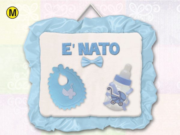 CUSCINETTO AZZURRO IN MORBIDO TESSUTO CON RASO, GLITTER, BIBERON E BAVAGLINO cm 30x25