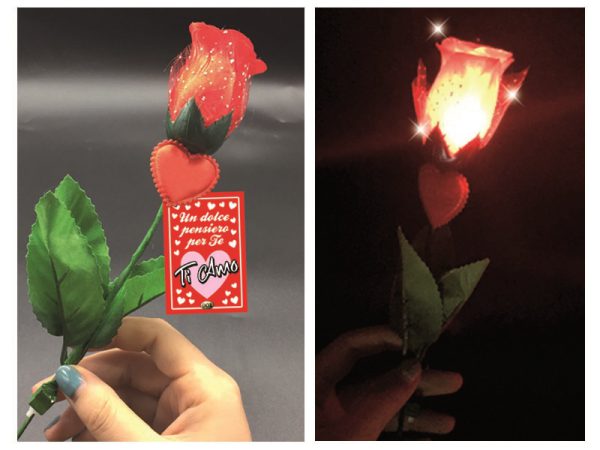 ROSA LED IN TESSUTO CON CUORE E BIGLIETTO. . . ORDINE MINIMO 6 PZ.