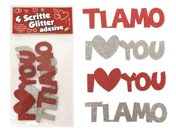 CONFEZIONE 4 SCRITTE ADESIVE GLITTER ROSSO E ARGENTO IN GOMMA "CREPLA". . . ORDINE MINIMO 6 CONFEZIONI