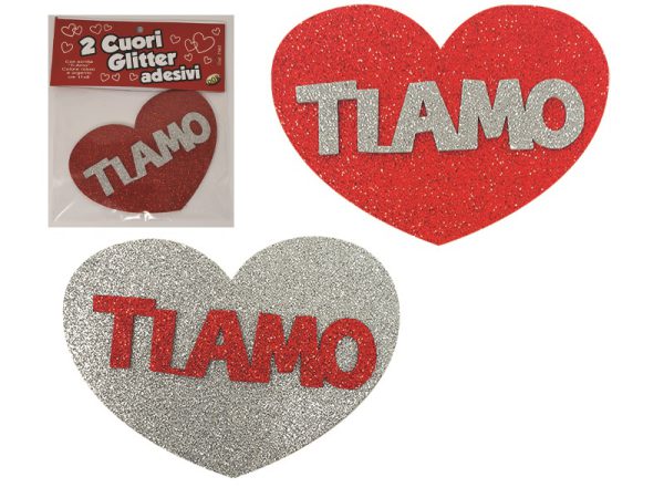 CONFEZIONE 2 ADESIVI CUORI GLITTER "TI AMO" ROSSO E ARGENTO IN GOMMA "CREPLA". . . ORDINE MINIMO 6 CONFEZIONI