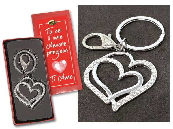 PORTACHIAVI CUORE DOPPIO CON STRASS. . . ORDINE MINIMO 3 PZ.