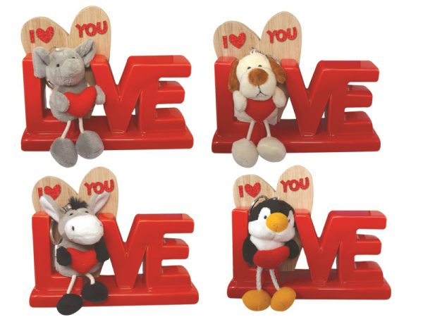 SCRITTA LOVE IN CERAMICA E CUORE IN LEGNO CON PORTACHIAVI PELUCHE E CUORICINO. . . ORDINE MINIMO 4 PZ. ASSORTITI