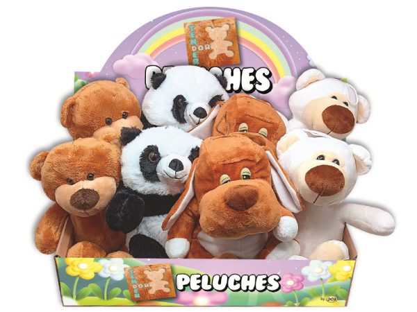 ESPOSITORE 8 PELUCHES cm 20. . . 2 ORSACCHIOTTI - 2 PANDA - 2 CAGNOLINI - 2 ORSI BIANCHI