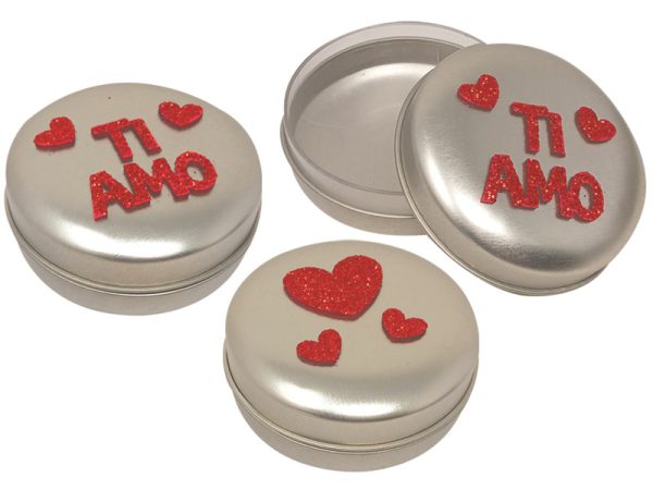 SCATOLINA IN METALLO CON APPLICAZIONI GLITTER. . . ORDINE MINIMO 6 PZ. ASSORTITI