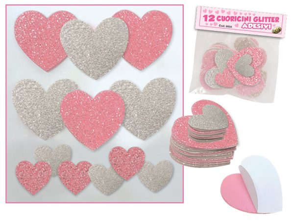 CONF. 12 CUORICINI GLITTER ADESIVI ROSA E ARGENTO. . . ORDINE MINIMO 4 CONFEZIONI