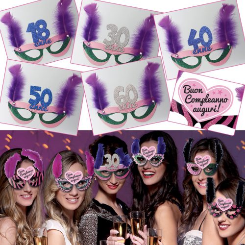 SET 6 MASCHERINE COMPLEANNO CON PIUME E GLITTER - 8931