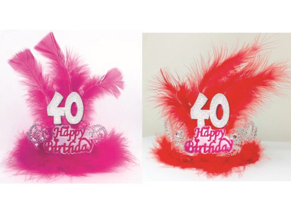 TIARA HAPPY BIRTHDAY 40 ANNI CON PIUME E MARABU'. . . ORDINE MINIMO 2 PZ. ASSORTITI