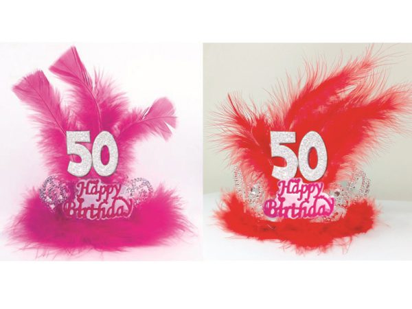 TIARA HAPPY BIRTHDAY 50 ANNI CON PIUME E MARABU'. . . ORDINE MINIMO 2 PZ. ASSORTITI