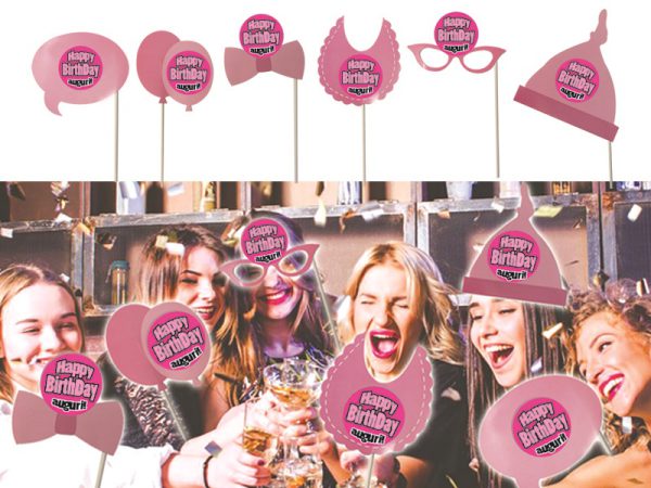 SET 6 ACCESSORI FOTO HAPPY BIRTHDAY ROSA