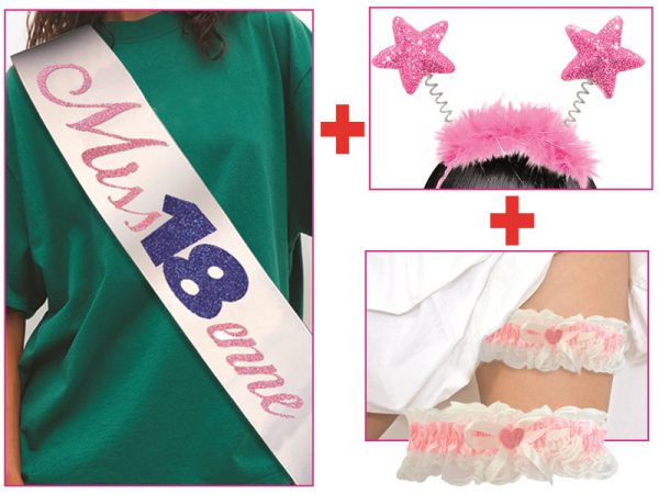 SET 18 ANNI CERCHIETTO STELLE + FASCIA SCRITTA GLITTER + GIARRETTIERA