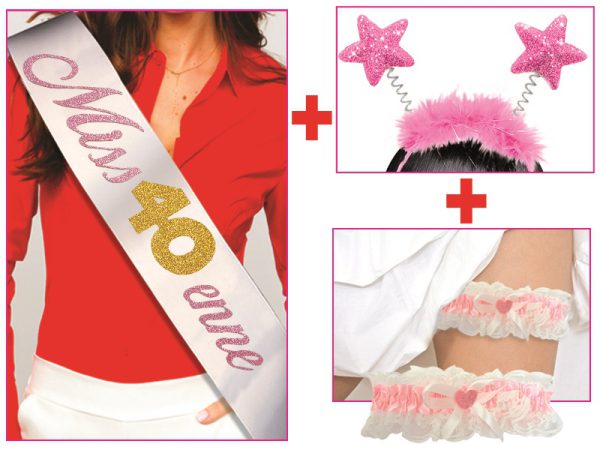 SET 40 ANNI CERCHIETTO STELLE + FASCIA SCRITTA GLITTER + GIARRETTIERA