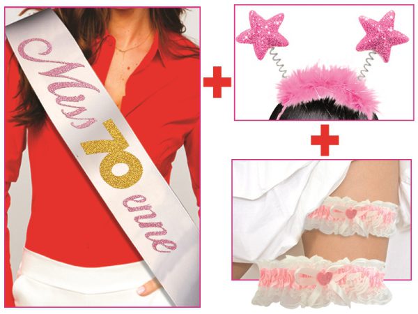 SET 70 ANNI CERCHIETTO STELLE + FASCIA SCRITTA GLITTER + GIARRETTIERA