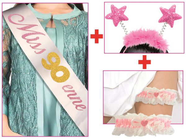 SET 90 ANNI CERCHIETTO STELLE + FASCIA SCRITTA GLITTER + GIARRETTIERA