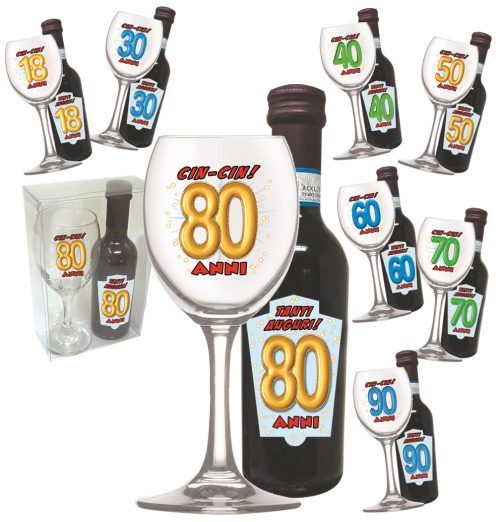 SET CALICE + BOTTIGLIETTA VINO ETA' CON SCATOLA PVC - 4099