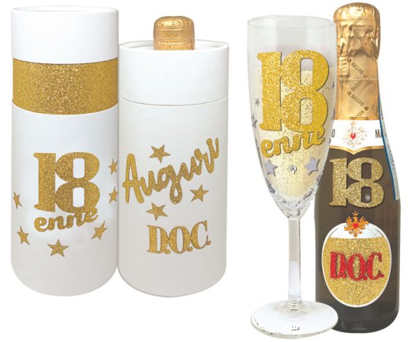 FLUTE+PROSECCO 18 ANNI BRILLANTINI SCATOLA BIANCA CILINDRICA