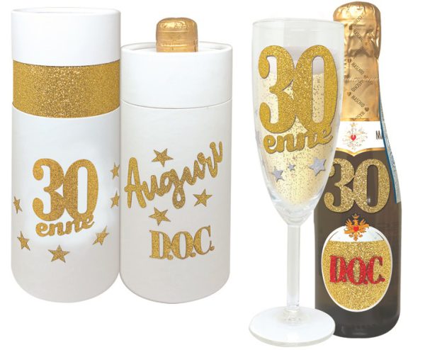 FLUTE+PROSECCO 30 ANNI BRILLANTINI SCATOLA BIANCA CILINDRICA