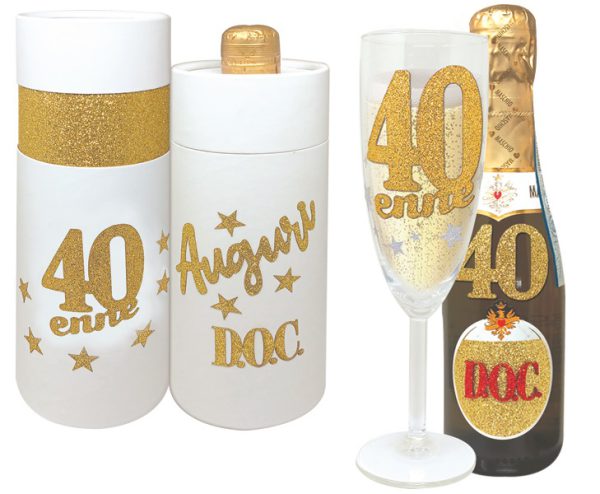 FLUTE+PROSECCO 40 ANNI BRILLANTINI SCATOLA BIANCA CILINDRICA