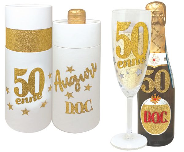 FLUTE+PROSECCO 50 ANNI BRILLANTINI SCATOLA BIANCA CILINDRICA