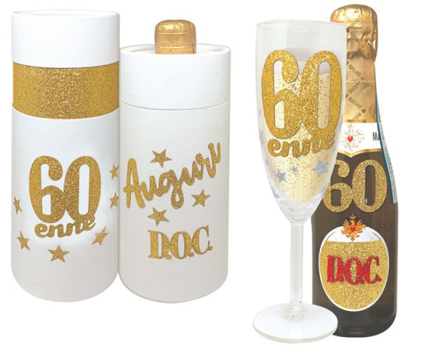 FLUTE+PROSECCO 60 ANNI BRILLANTINI SCATOLA BIANCA CILINDRICA