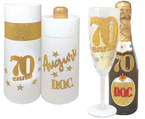 FLUTE+PROSECCO 70 ANNI BRILLANTINI SCATOLA BIANCA CILINDRICA