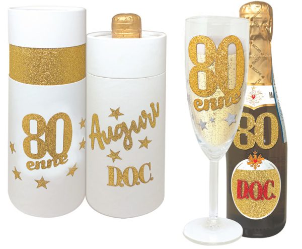 FLUTE+PROSECCO 80 ANNI BRILLANTINI SCATOLA BIANCA CILINDRICA
