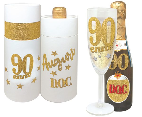 FLUTE+PROSECCO 90 ANNI BRILLANTINI SCATOLA BIANCA CILINDRICA
