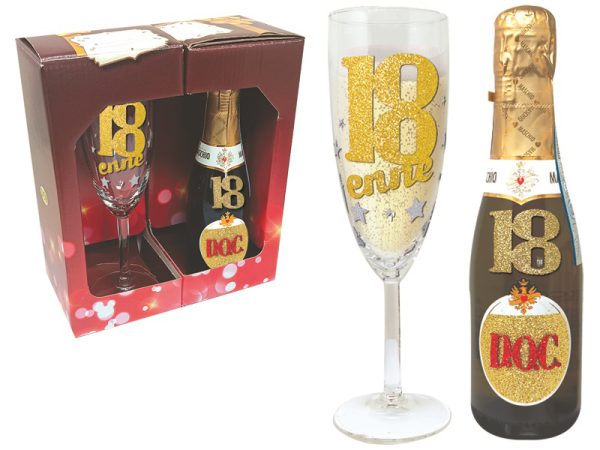 SET 18 ANNI FLUTE+PROSECCO BRILLANTINATI SCATOLA REGALO