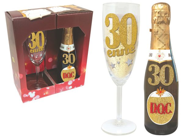 SET 30 ANNI FLUTE+PROSECCO BRILLANTINATI SCATOLA REGALO