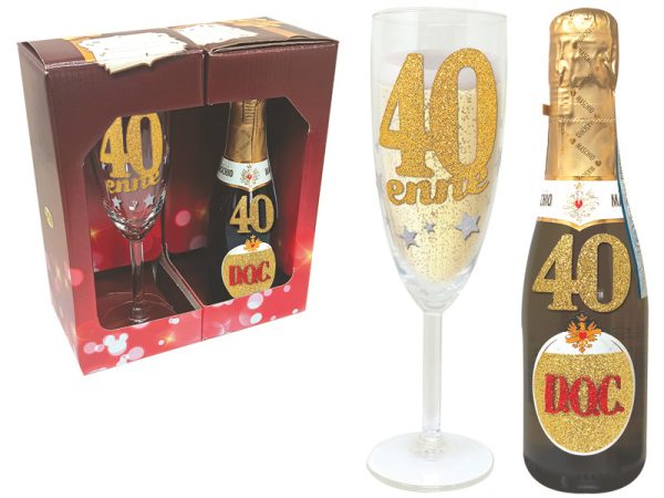 SET 40 ANNI FLUTE+PROSECCO BRILLANTINATI SCATOLA REGALO
