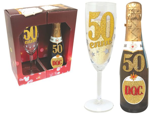 SET 50 ANNI FLUTE+PROSECCO BRILLANTINATI SCATOLA REGALO