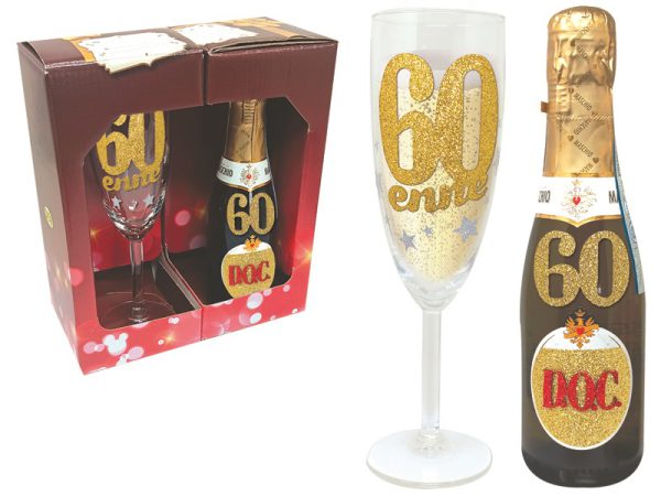 SET 60 ANNI FLUTE+PROSECCO BRILLANTINATI SCATOLA REGALO