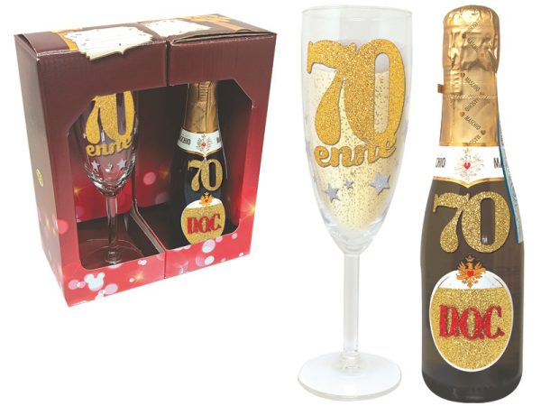 SET 70 ANNI FLUTE+PROSECCO BRILLANTINATI SCATOLA REGALO