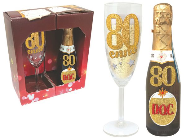 SET 80 ANNI FLUTE+PROSECCO BRILLANTINATI SCATOLA REGALO