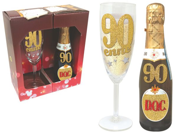 SET 90 ANNI FLUTE+PROSECCO BRILLANTINATI SCATOLA REGALO