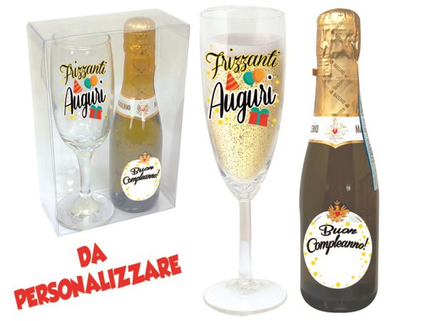 FLUTE + PROSECCO DOC 20 cl AUGURI SCATOLA PVC - DA PERSONALIZZARE