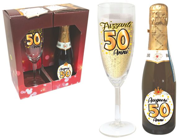 SET 50 ANNI FLUTE+PROSECCO DOC SCATOLA REGALO
