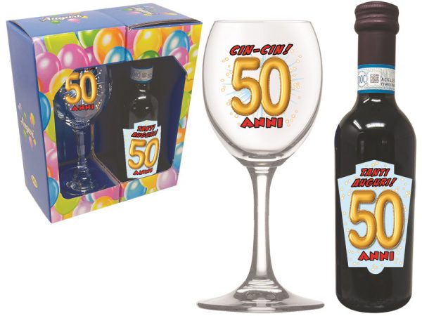 SET 50 ANNI CALICE+VINO SCATOLA REGALO