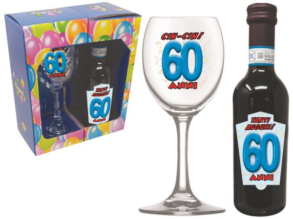SET 60 ANNI CALICE+VINO SCATOLA REGALO