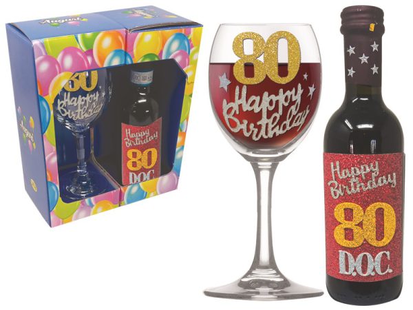 SET 80 ANNI CALICE + VINO DOC BRILLANTINATI SCATOLA REGALO