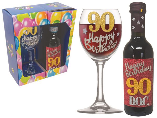 SET 90 ANNI CALICE+VINO DOC BRILLANTINATI SCATOLA REGALO