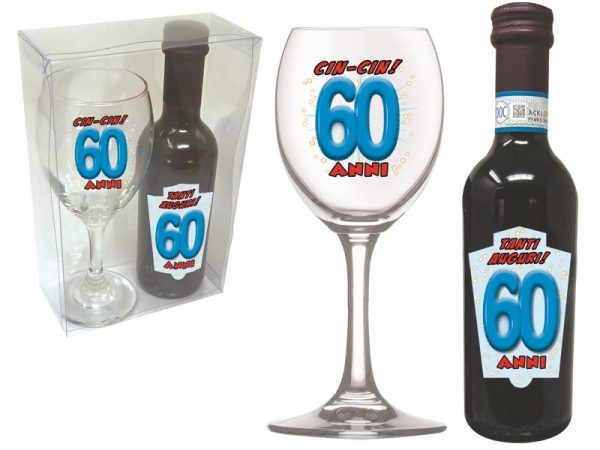 SET 60 ANNI CALICE + MIGNON VINO DOC SCATOLA PVC