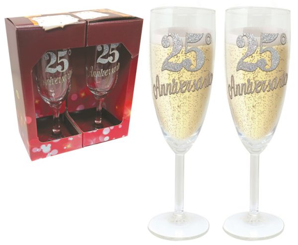 COPPIA FLUTE BRILLANTINATO 25° ANNIVERSARIO SCATOLA PARTY