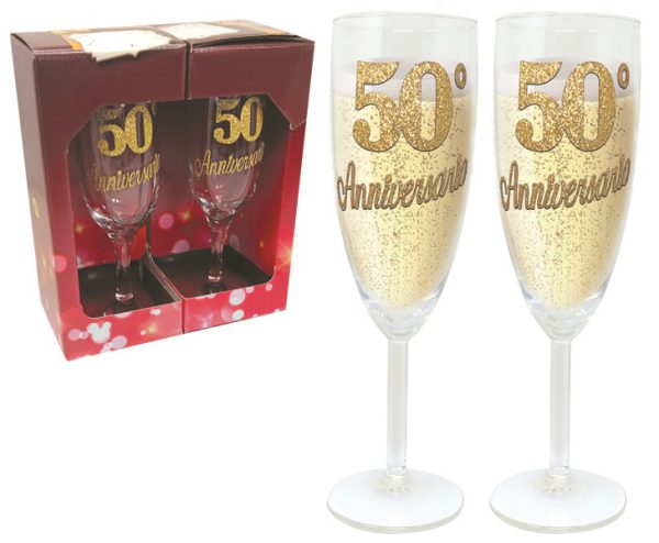 COPPIA FLUTE BRILLANTINATO 50° ANNIVERSARIO SCATOLA PARTY
