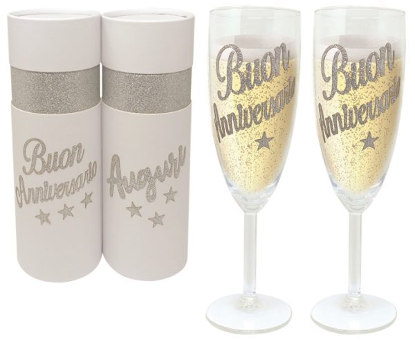 COPPIA FLUTE BRILLANTINATO ANNIVERSARIO SCATOLA BIANCA