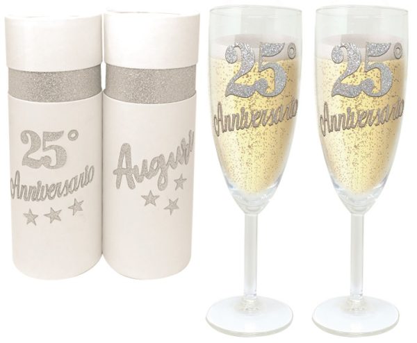 COPPIA FLUTE BRILLANTINATO 25° ANNIVERSARIO SCATOLA BIANCA
