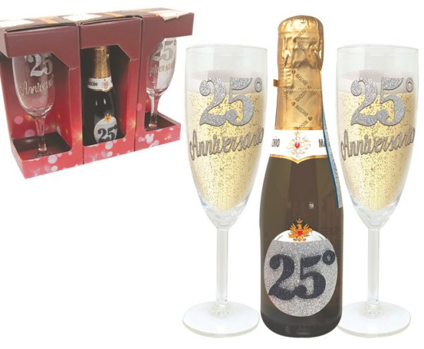 COPPIA FLUTE+PROSECCO DOC 25 cl BRILLANTINATO 25° ANNIVERSARIO SCATOLA PARTY