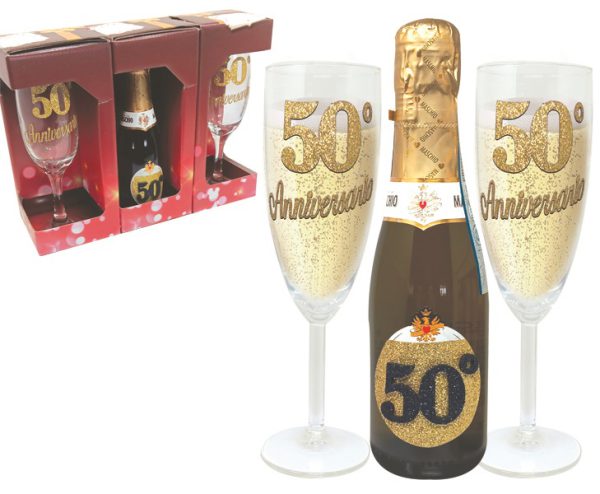COPPIA FLUTE+PROSECCO DOC 25 cl BRILLANTINATO 50° ANNIVERSARIO SCATOLA PARTY