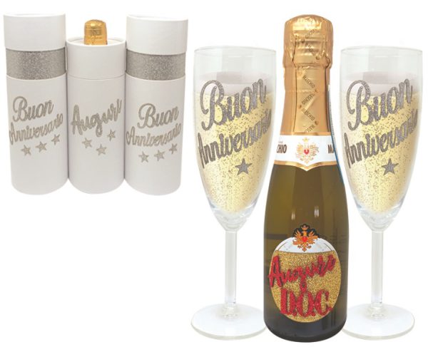COPPIA FLUTE+PROSECCO DOC 25 cl BRILLANTINATO ANNIVERSARIO SCATOLA BIANCA